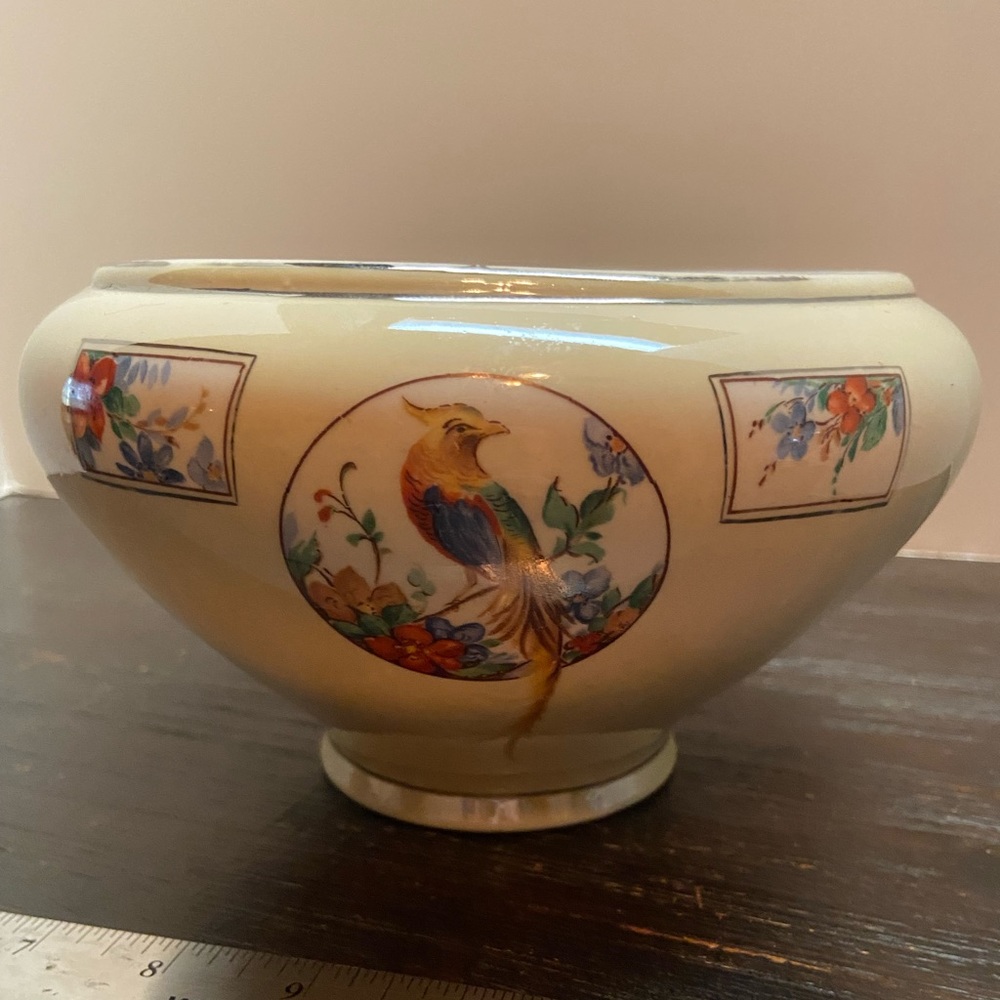 Royal Rochester Hand Decorated Bowl 3 Panels Golden Pheasant Silver Trim Accents